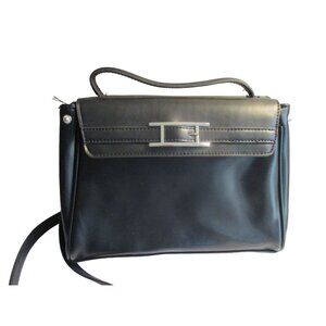 *Halston Black Faux Leather Structured Shoulder Bag w Silver-Tone Hardware